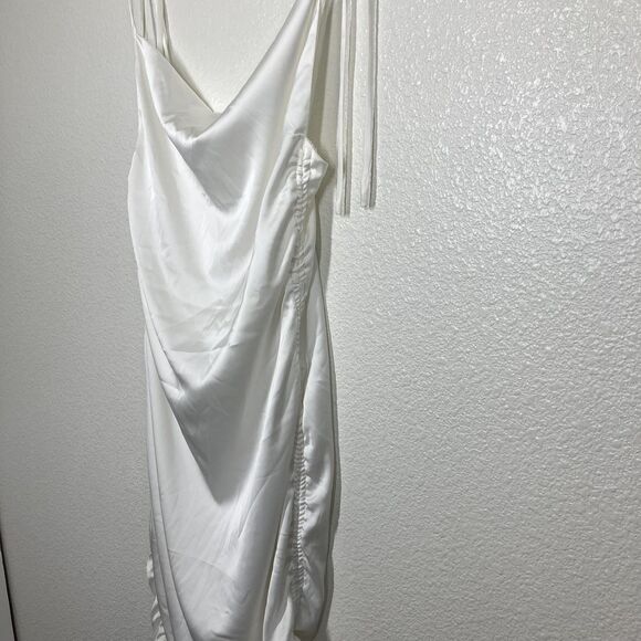LEAU Dress Womens Small White Satin Cowl Neck Ruched Drawstring Slip Tie Straps - Picture 5 of 16